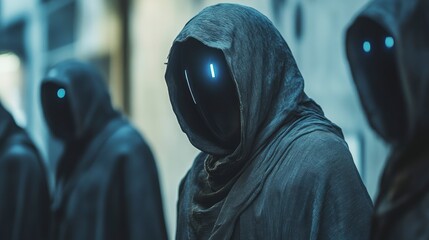 Mysterious hooded figures with glowing eyes stand in a dark alley.
