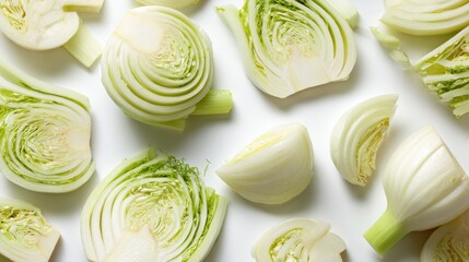 Fresh Fennel Halves and Pieces Arranged on White Surface for Culinary Use