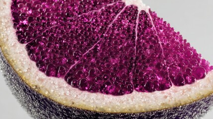 A vibrant slice of purple fruit covered in tiny bubbles glistens beautifully against plain backdrop