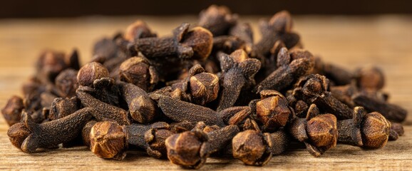 Obraz premium Aromatic Dark Brown Cloves Pile on Wooden Surface, Spices Heap Background