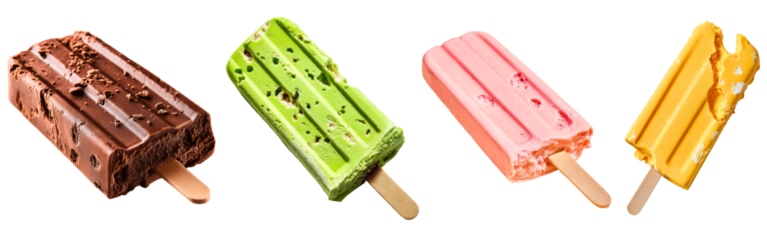 Collection of pastel ice cream bars including chocolate green pink and yellow isolated on a white or transparent background