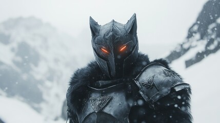 Dark armored figure in snowy landscape