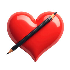 A red heart with a black pencil crossing it isolated on transparent background