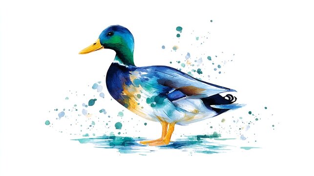 A vibrant watercolor painting of a curious mallard duck showcasing its iridescent feathers and playful nature isolated
