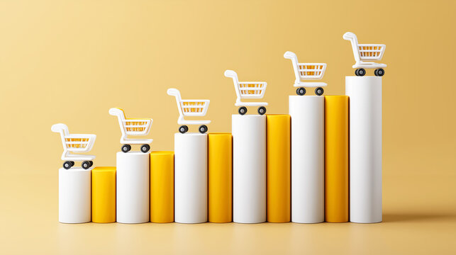 Growth in E-commerce Shopping Trends Illustrated with Miniature Shopping Carts on Vibrant Yellow Background for Business and Marketing Concepts