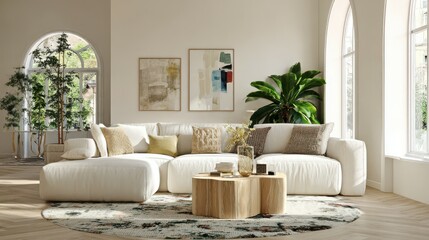 Bright Interior with White Sofa, Pillows, Art and Round Wood Table, Modern Design