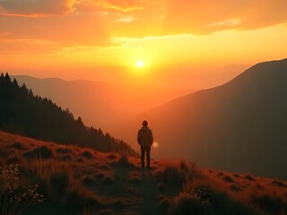 Fototapeta premium A lone figure stands on a grassy hilltop, silhouetted against a vibrant orange sunset over distant mountains.