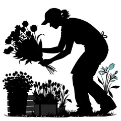 Florist Arranging Tulips and Flowers in Pots Silhouette