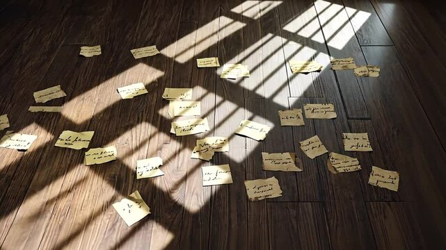 A sunlit room with scattered notes on the wooden floor, creating a thoughtful atmosphere