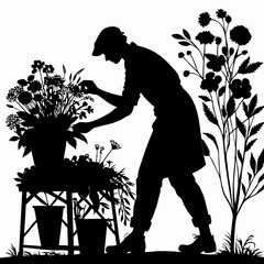 Florist Arranging Flowers Black Silhouette Garden Table