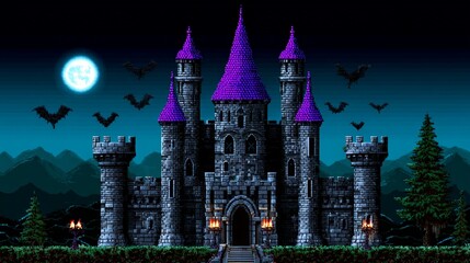 Pixel art gothic castle with purple turrets and moonlit sky with bats