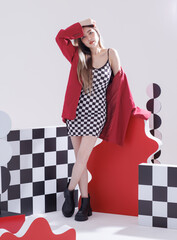 Fashionable photo confident woman model asian beautiful female wearing trendy checkered mini dress...