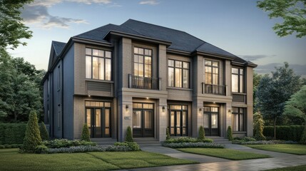 Elegant townhouses showcasing architectural design and landscaping