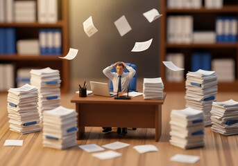 Miniature figures businessman with pile of paper, business concept