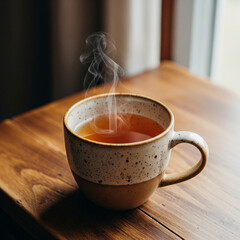 cup of coffee. cup of tea on wooden table. Warm herbal tea in speckled ceramic mug on wooden table.