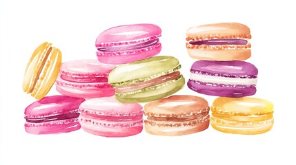 A delightful watercolor painting of colorful macarons stacked evoking a sense of sweet indulgence and artistic charm on