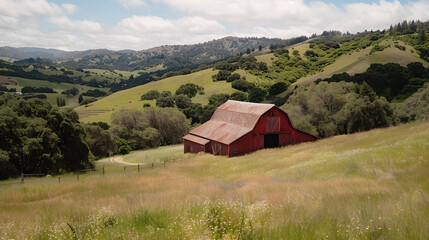 A red barn nestled in a grassy field with rolling hills and trees under a cloudy sky backdrop view