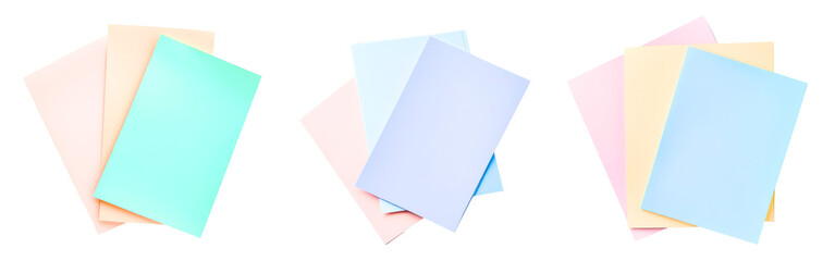 Collection of pastel top view paper sheets arranged minimally isolated on a white or transparent background