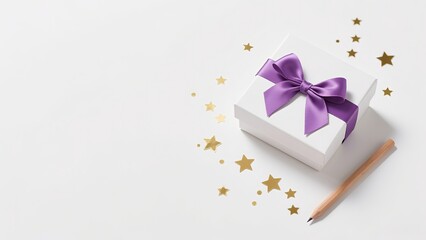 White gift cube draped with amethyst velvet ribbon bow beside graphite pencil and gold star confetti scattered, memory-making presentation art