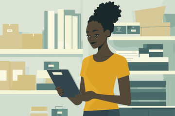 African woman shopping online using tablet with credit card and parcels, ecommerce lifestyle vector illustration