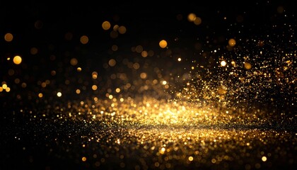 Glistening golden water drops sparkle on a glass with a festive, bright, and shiny bokeh design