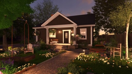 Charming Suburban Home with Lush Garden at Dusk, Tranquil Living