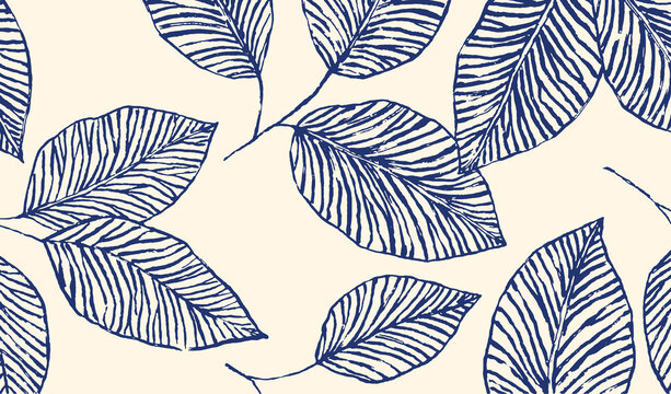 Fototapeta Botanical navy blue leaves pattern on cream background vintage illustration style.