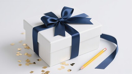Navy grosgrain ribbon bow on rectangular gift box with goldenrod pencil and star fragments, ceremonial geometric elegance