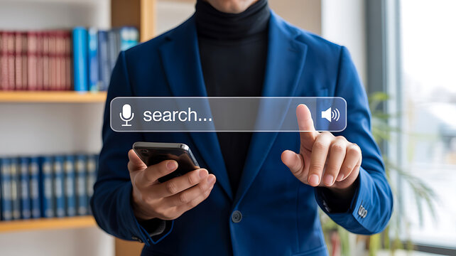 Businessman using smartphone with voice search interface and virtual assistant technology


