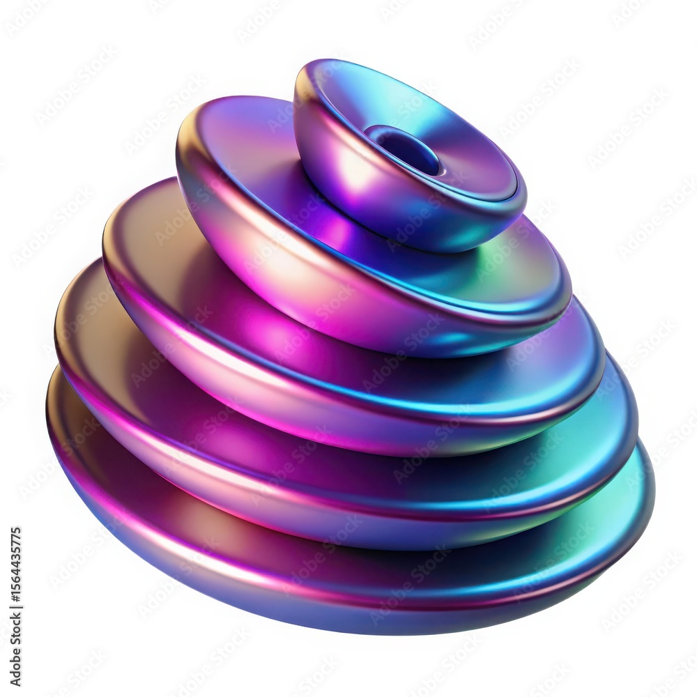 Fototapete abstract iridescent metallic stacked discs with a smooth curved surface and a hole in the top elemen