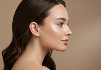 Profile view of a woman with brown hair and glowing skin on beige background