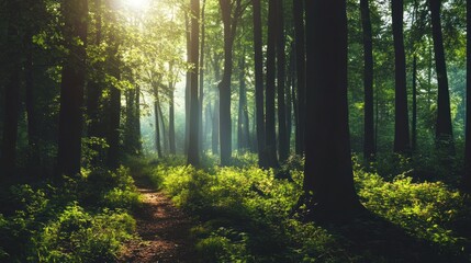 Enchanting Sunlight Through Forest Trees, A Serene Woodland Path
