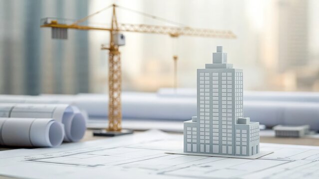 Blurred architectural blueprint with 3D paper building and crane symbolizing AI-driven urban planning	
