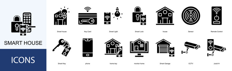 Smart house icon collection set. Containing Smart house, Key Card, Smart Light, Smart Lock, house icon.