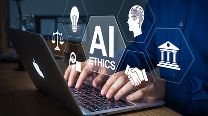 Person typing on laptop with ethical ai icons and futuristic virtual interface about artificial intelligence

