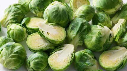 Fresh Brussels Sprouts Pile Whole & Halved Green Cabbage Vegetables Grouped on White