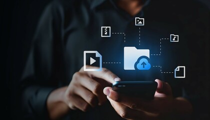 Data sharing and file management concept as a person uses a smartphone for cloud storage, ensuring accessible files with secure data transfer and efficient digital access.