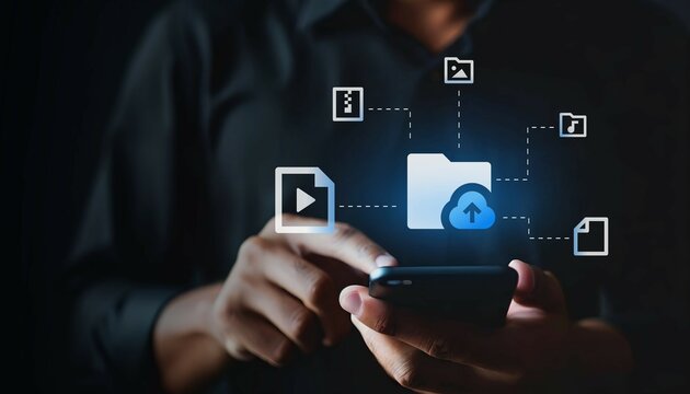 Data sharing and file management concept as a person uses a smartphone for cloud storage, ensuring accessible files with secure data transfer and efficient digital access.