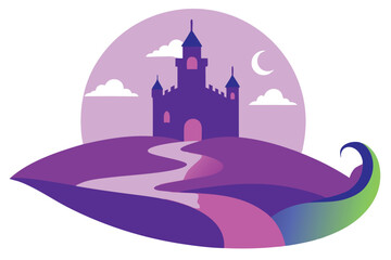 A whimsical purple castle sits atop a hill, a winding path leading to its entrance, nestled within a stylized landscape at twilight.