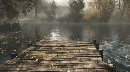 A wooden dock extends into a misty lake surrounded by trees and foliage on a hazy day outdoors
