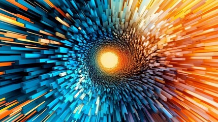 A colorful face blends into a chaotic pixel vortex background.