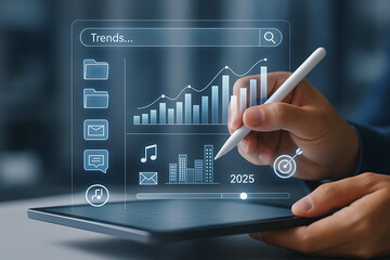 Futuristic data interaction on a digital tablet showcasing business trends, financial graphs, and performance metrics for strategic analysis and future planning in 2025
