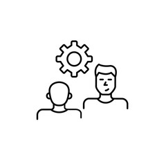 Two men on interview or conversation and cogwheel. Collaborative settings, communication management, interview configuration, dialogue optimization, user interaction control. Pixel perfect, editable s