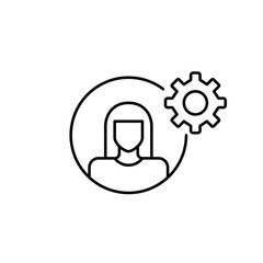 Female user avatar and cogwheel. Account settings, admin, control or customization. Women in tech or leadership, hr or user management software. Pixel perfect, editable stroke vector icon