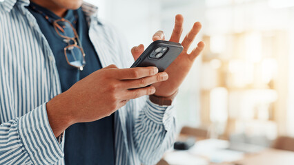 Business, hands and man in office, smartphone and message to contact, copywriting and scroll. Closeup, person and journalist with email, cellphone or subscription for online magazine or digital app