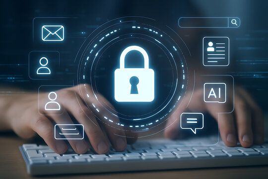 Secure digital interface for cybersecurity and data protection, a person's hands interact with a keyboard on a wooden desk, surrounded by futuristic lock and technology icons for privacy