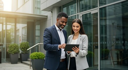 Business colleagues reviewing data on a tablet outside modern office building