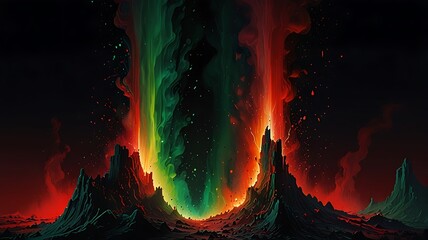 Fiery green and red energy bursts over jagged peaks