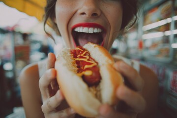 A woman happily nibbling on a hot dog , Processed Food concept , generative AI