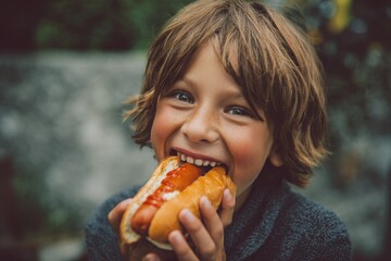 A child happily nibbling on a hot dog , Processed Food concept , generative AI